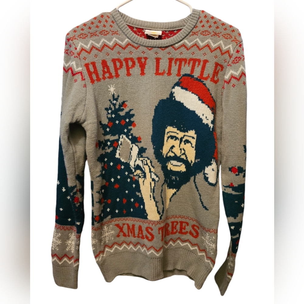 Bob Ross Ugly Christmas Sweater Painting Happy Little Xmas Trees Adult Size S